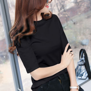 Slim Fit Cotton T-Shirt Womens Summer Base Shirt Half High Collar mid Sleeve Pure Color Commute Style Korean Version Base Shirt