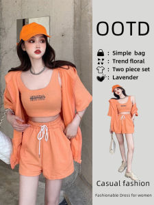 Casual Sports Three-Piece Set for Women Summer Tank Top Wide-Leg Shorts Hoodie Fashionable Streetwear Polyester Fiber Pullover