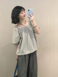 Lazy Japanese Magazine Style Gray Square Collar Shirt Womens Summer Mori Style Artistic Small Doll Shirt Loose Slim Looking Tops