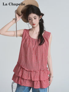 La Chapelle | Flattering Plaid Ruffle Hem Sleeveless Blouse