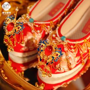Elevated Flat Heel Phoenix Embroidery Chinese Style Wedding Shoes Cotton Lined Fashionable Single Shoes for Brides