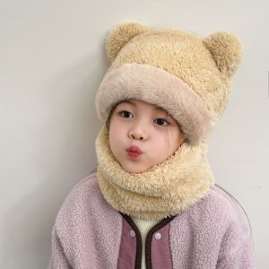 Childrens Winter Hat 2024 New Style Windproof Ear Protection Scarf Integrated Boys And Girls Soft Brim round Top Cap