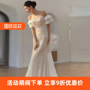 Elegant Luxury Bridal Gown Heavy Embroidery One Shoulder Fish Tail Wedding Dress Korean Style Bead Work mid Waist A-Line Skirt