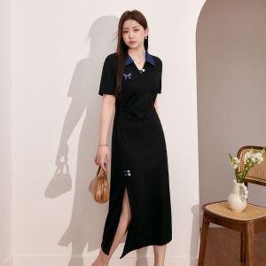 Plus Size Butterfly Embroidery V-Neck Slimming Black Dress