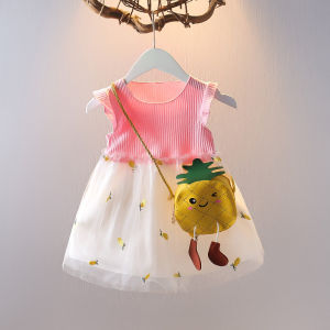 เดรสกระโปรงลายสับปะรด ชุดเดรสเด็กผู้หญิง ฟระเป๋าหนังสีเหลือง พร้อมส่ง คุณภาพดี