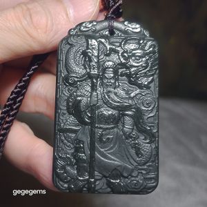 Gegegems premium natural Nephrite deep green double sides carvings Guan Gong Dragon Auspicious Clouds and in Ancient Chinese "Supremely Honourable & Righteous" pendant (with certificate) 精品和田玉塔青深绿双面雕刻关公、龙、祥云、义薄云天吊坠(带证书)