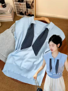 HUOLISI | Blue Silk Scarf Knit Ice-silk Flutter Sleeve Short Sleeve T-Shirt