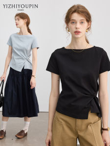 Asymmetric Neck Knot Design Slim Fitting Short Sleeve T-shirt