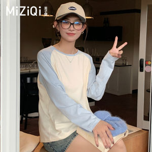 Mizue Flag Womens Long Sleeve Cotton T-Shirt Spring Autumn New Korean Style Color Block Inner Wear Base Shirt Casual Commute