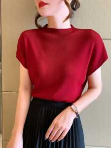 Alisa.Sonya Summer Knitted Blouse Women Korean Style Short Sleeve High Neck Non-Pilling Casual Sweater
