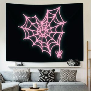 VIKAMA Dark Night Sweetheart Tapestry Pink Spider Web Heart Spider Living Room Bedroom Gothic Decorative Art Wall Background
