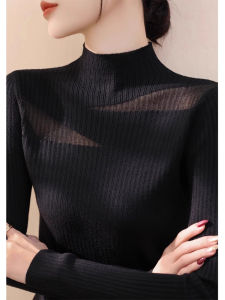 Áo Len Dệt Kim Cổ Cao Màu Đen Ren Lưới Hở Lưng Dáng Ôm Cho Nữ Mùa Thu Đông Mới Áo Len Lót Bên Trong Áo Sơ Mi
