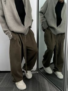 Quần Dài Nam Vải Nỉ Da Sika Dáng Rộng Mùa Thu Đông Quần Dài Thường Ngày Cạp Chun Màu Trơn Phong Cách Nhật Bản Cổ Điển