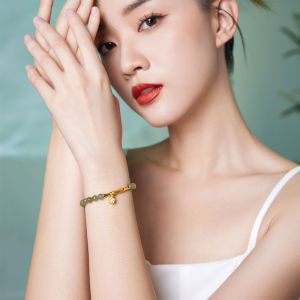ZHOU LIU FU 周六福 24K Solid Gold Green Jade Bead Bracelet Pure Gold Elastic Fortune Bamboo Bracelets Stretchable Real Gold Green Jade Bead Bracelet for Women Teen Girl(Y1910806)