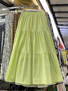 Fresh Green Plaid Splicing A-Line Mini Skirt Womens High Waist Slim Elastic Waist Midi Skirt Autumn Season Fashion Trend