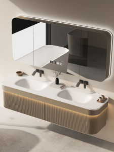DIPURUI | Integrated Double Sink Oak Vanity Cabinet
