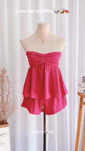 DNEMNLPH Dale Peplum Tube & Highwaist Shorts Set | Korean BKK Summer Outfit Beach Premium Textured Garter Smocked Ruched Flowy Mid Length Loose Sleeveless Trend