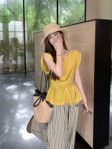 YUFUQING | French Yellow Bow Tie Shirt Womens Summer New Loose Personality Top Fashion Design Dopaamine Style Small Flying Sleeve Blouse