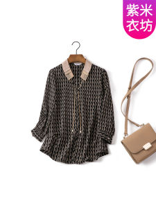 เสื้อเชิ้ตผู้หญิงผ้าชีฟองแขนสั้นฤดูใบไม้ผลิ 2024 ทรงตรง เสื้อเชิ้ตผู้หญิงวัยกลางคน ทรงเข้ารูป ปกโปโล ปกโปโล