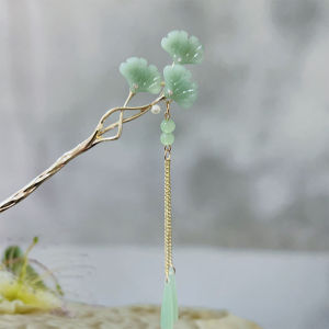 Chinese Ancient Style Emerald Green Ginkgo Tassel Hairpin Fresh and Retro Updo Pin Ancient Style Han Chinese Clothing Step Shake Hair Clip Hairware
