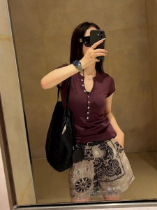 YUEZHONGWEI | American Style Short Sleeve Knitted T-Shirt Women Summer New Small Size Slim Fit Spicy Short Top Moisture Wicking Pure Color