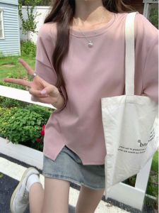 เสื้อยืดแขนสั้นผู้หญิง ทรงหลวม ผ้าฝ้ายแท้ ทรงครึ่งแขน แฟชั่นฤดูร้อน 2025 ใหม่ ทรงเกาหลี ทรงเอวสูง ทรงเข้ารูป