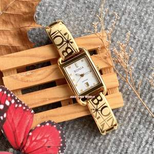 [Original] BNB10751-2217 Bonia Monogram Elegance Sapphire Womens Watch with White Dial and Gold Stainless Steel Bracelet | Official Warranty