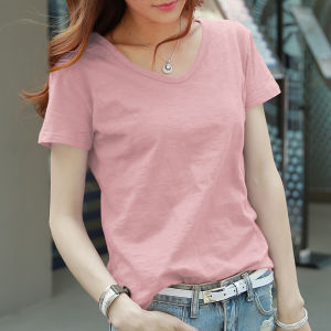 Loose Fit Pure Cotton V-Neck Short Sleeve T-Shirt Womens Orange Base Shirt Simple Style Online Exclusive Summer New Arrival
