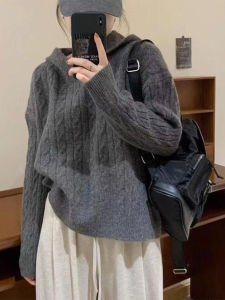 Gray Twisted Hat Sweater Womens Loose Style Autumn New Korean Lazy Fashion Slimming Beautiful Top Sweet Style CenziCi Brand