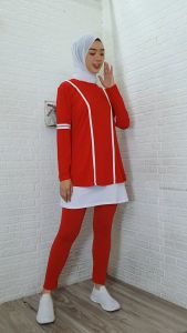 Setelan Senam Wanita Merah Putih Lengan Panjang - Baju Senam Wanita Muslim