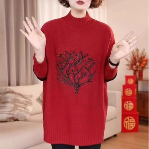Luxurious Thick Knitted Sweater Womens Autumn Winter Red Top Mid-Length Loose Knit Base Shirt Diamond Embellished Korean Style