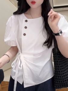 Korean Style Short Sleeve Shirt Women Summer New Uneven Belted Slimming Top Waist Cinched Fashionable Commute Regular Length