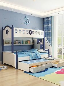 (FREE INSTALLATION)Addin High Quality Nautical-Themed Children Bunk Bed with Storage Drawer Beds Navyblue/Pink Kids Bed