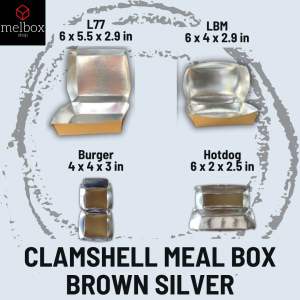 [50 pcs] Clamshell Burger Hotdog L77 LBM Disposable Meal Box Brown Silver Series