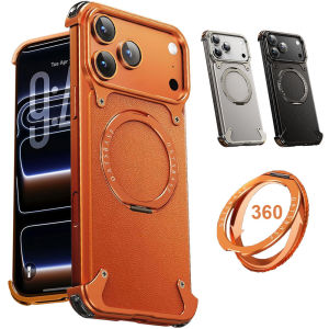เคสหนังแท้ + อัลลอยด์ไร้กรอบเข้ากันได้กับ Magsafe] 360 ° แหวนหมุนขาตั้งเพรียวบางปกป้องแบบเรียบง่ายการดูดซับแรงกระแทกเกรดการบินและอวกาศเคสโทรศัพท์สำหรับ iPhone 17 Pro Max เคส17 Pro เคส16 Pro Maxเคส16 Pro