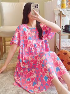 ชุดนอนผู้หญิง Pure Cotton Silk Sweet ยาวพิเศษ สวมใส่สบาย ในบ้าน ฤดูร้อน 2024 ชุดนอนผู้หญิงแขนสั้นลายดอกไม้