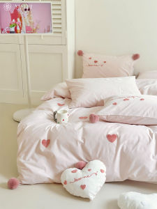 Cute Pink Cotton Heart Print Bedding Set Four-Piece Comforter Cover Sheet Pillowcase Set for Girls Breathable Sleep Quality