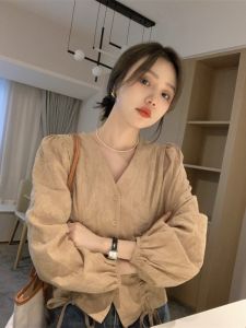 plus Size Womens Shirt V-Neck Long Sleeve Loose Fit Meat Covering French Style Open Cardigan Top for Autumn Season
