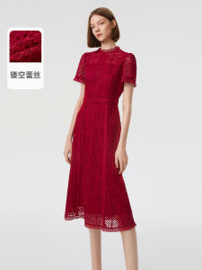 Red Lace Hollow out Midi Dress Womens Spring Summer New Style Elegant High Waist Fashionable Lanzy French Style Dress