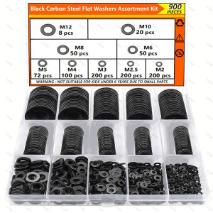 520/900pcs Black Carbon Steel Flat Washer Kit (M2-M12): Durable for Screws/Bolts with Organizer Case. For DIY & Repairs