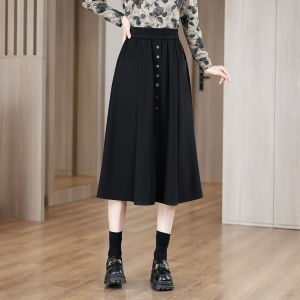 กระโปรงทรงเอเอวสูง กระโปรงทรงเอยาวปานกลางสำหรับผู้หญิง สไตล์เกาหลี ทรงหลวม กระดุมคู่เดียว ทรงเข้ารูป ฤดูใบไม้ผลิและฤดูใบไม้ร่วง