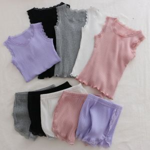 ชุดเด็กผู้หญิงแขนกุดคอวีคอกลมลายทางผ้าฝ้าย 2 ชิ้น พร้อมกระโปรงและกางเกงบ็อกเซอร์ ชุดนอนเด็ก ชุดแฟชั่นฤดูร้อน