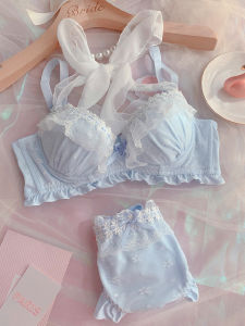 Japanese Style Sweet Girl Large Size Bra Set Small Plaid Cute Lace Blue Ladies Intimates Breathable New