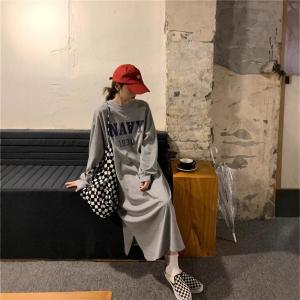 Plus Size Idle Style Overknee Dress Womens Thin T-shirt Skirt Loose Slim Looking Long Sleeve Dress Outwear Pajamas