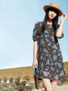 INLIFE | French Vintage Print Dress Summer Vacation Style Round Collar Puff Sleeves Flared
