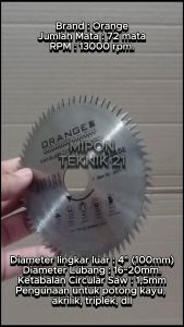 ORANGE Mata Gerinda 4" x 72 T Pisau Gergaji Potong Kayu Triplek Akrilik