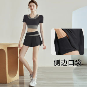 ชุดโยคะฤดูร้อนสำหรับผู้หญิง ชุดออกกำลังกายสปอร์ต แขนสั้นระบายอากาศได้ดี แห้งเร็ว ชุดโยคะเทรนนิ่งสำหรับวิ่ง แฟชั่นสปอร์ต