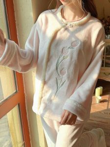 Warmth in Bloom Chinese Style Embroidered Tulip Flannel Sleepwear Set Womens Long Sleeve round Neck Home Clothes Autumn Winter