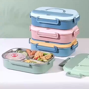 304 เข้าไมโครเวฟ กล่องข้าวสแตนเลส พร้อมอุปกรณ์ช้อนตะเกียบสแตนเลส ถ้วยใส่ซูป