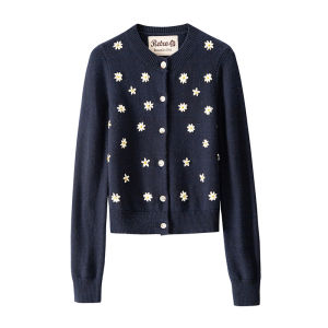 BANANA CICI | Handmade Embroidered Happy Daisy Round Neck Knitted Open Cardigan Vintage Style BANANA CICI Spring New Arrival Regular Fit Long Sleeve
